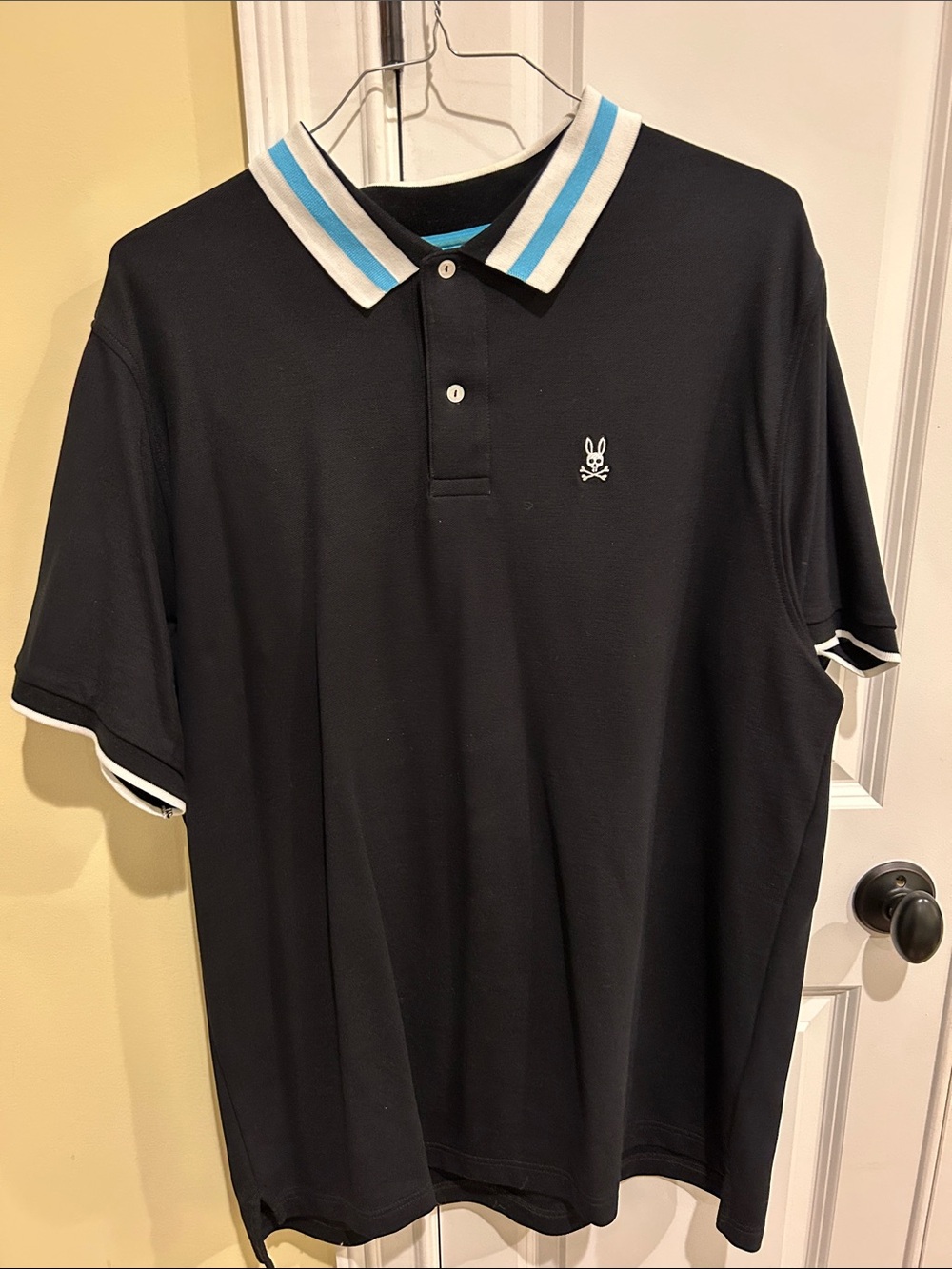 Psycho Bunny Black Polo with White and Light Blue Trim